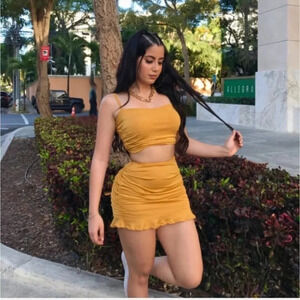 Yellow skirt and tank top set ruched sides